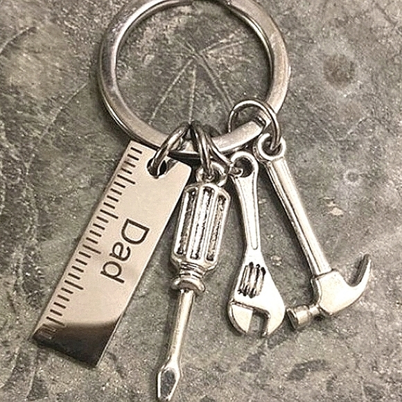 NWOT Stainless Steel "Dad" silver plated tool charm keyring. - Picture 3 of 5